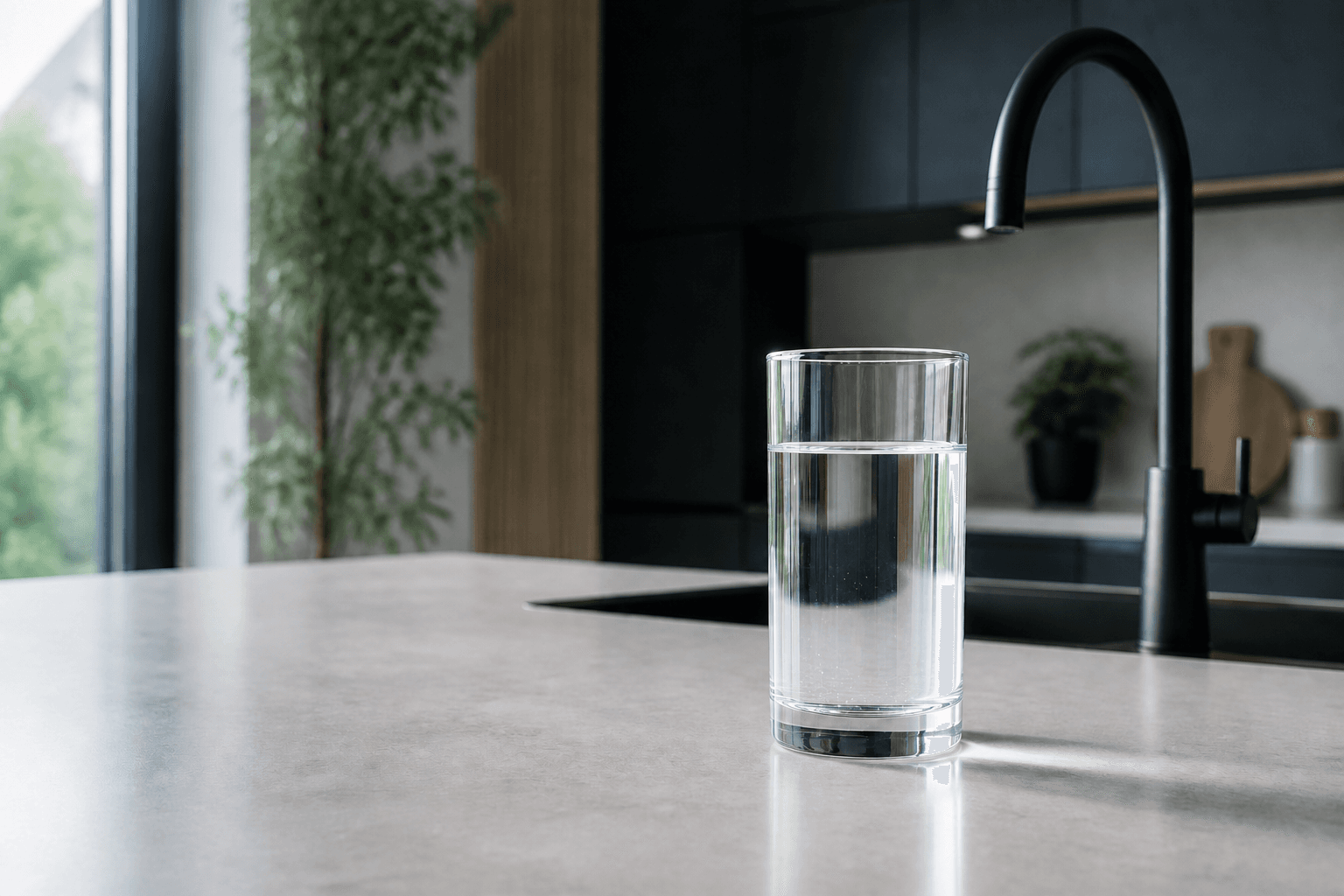 Bicchiere di acqua depurata, limpida e cristallina, su un piano cucina